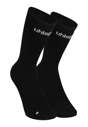 Pair of black crew socks with white "uhlsport" logo near the top and a small white symbol on the toe area.