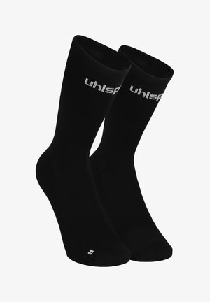 Pair of black crew socks with white "uhlsport" logo near the top and a small white symbol on the toe area.