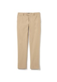 Beige broek gemaakt van een katoenmix, met een recht gesneden ontwerp, een knoopsluiting en zijzakken. Gladde textuur, nette afwerking.