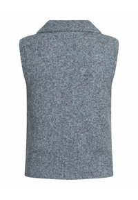 Grå ærmeløs sweater med strikket tekstur, prydet med en fold-over krave og en ribbet kant, der viser et meleret stofmønster.