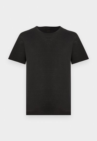 Μαύρο κοντομάνικο t-shirt με στρογγυλή λαιμόκοψη, κατασκευασμένο από ελαφρύ, υφασμάτινο ύφασμα με διακριτικό, ακανόνιστο φινίρισμα.