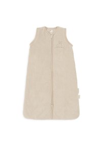 Sachet de sommeil en coton beige avec une fermeture éclair à l'avant. Présente une broderie simple de lapin sur la poitrine, une texture douce et un design sans manches.
