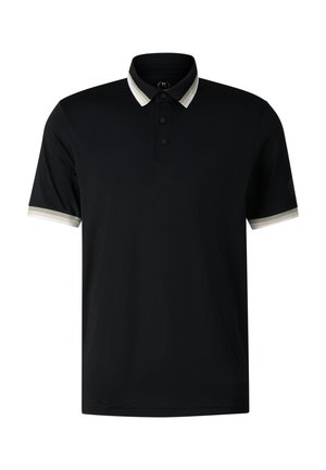 Sort kortærmet polo med tre sorte knapper, hvid og gråstribet krave og ærmekanter, vist mod en hvid baggrund.