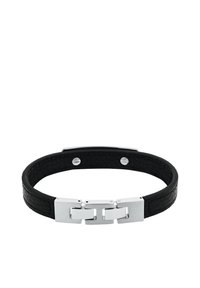 Bracciale in pelle nera con texture, dotato di un clasp in metallo tono argento e con collegamenti rettangolari interconnessi.