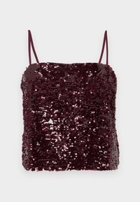 Haut bordeaux à sequins avec fines bretelles spaghetti ; forme rectangulaire avec une coupe légèrement ample ; texture brillante grâce à des centaines de petits sequins.