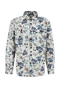 Chemise à manches longues à imprimé floral en blanc, avec des fleurs bleues, vertes et brunes, deux poches poitrine avec rabat et des boutons bruns.
