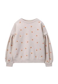 Sweatshirt gris clair avec des manches bouffantes, présentant de petits motifs en forme de cœur orange sur toute sa surface, et un col et des poignets côtelés.