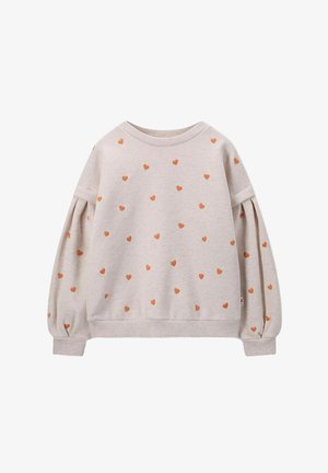 Helles graues Sweatshirt mit Puffärmeln, das kleine orangefarbene Herzchenmuster überall aufweist, sowie einem gerippten Rundhalsausschnitt und Bündchen.