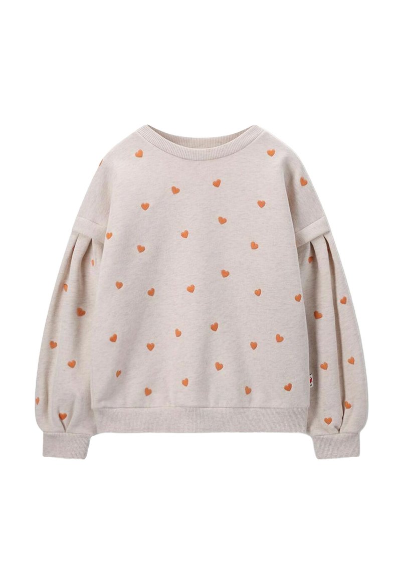 Sweatshirt gris clair avec des manches bouffantes, présentant de petits motifs en forme de cœur orange sur toute sa surface, et un col et des poignets côtelés.