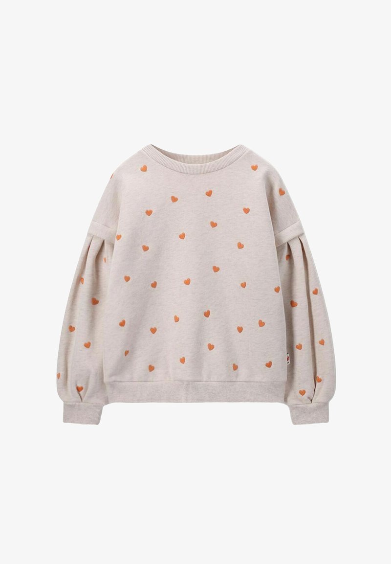 Sweatshirt gris clair avec des manches bouffantes, présentant de petits motifs en forme de cœur orange sur toute sa surface, et un col et des poignets côtelés.