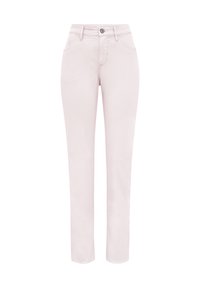 Helle rosa gerade geschnittene Hosen aus Denim, ausgestattet mit Fronttaschen und einem einzigen Knopfverschluss. Glatte Textur mit dezenten Nähdetails.