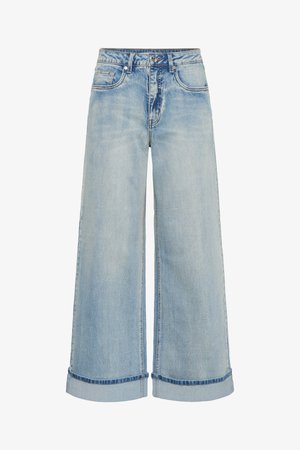 Jean large en denim bleu clair avec une taille haute, présentant un ourlet replié, cinq poches et des coutures contrastées.
