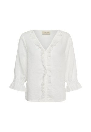 Weiße Bluse mit V-Ausschnitt, Volants am Vorderteil und an den Manschetten sowie dreiviertellangen, aufgepufften Ärmeln.