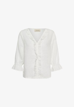 Weiße Bluse mit V-Ausschnitt, Volants am Vorderteil und an den Manschetten sowie dreiviertellangen, aufgepufften Ärmeln.