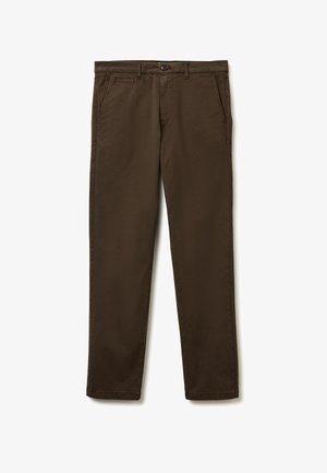 Braune gerade geschnittene Hosen aus Baumwollstoff, mit zwei Seitentaschen, einem vorderen Knopfverschluss und einer glatten Textur.