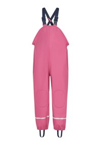 Rožinės vandeniui atsparios kelnės su reguliuojamais tamsiai mėlynais petnešomis, kelio lopais, atspindinčiomis juostomis virš elastinių rankogalių ir kojų dirželiais.