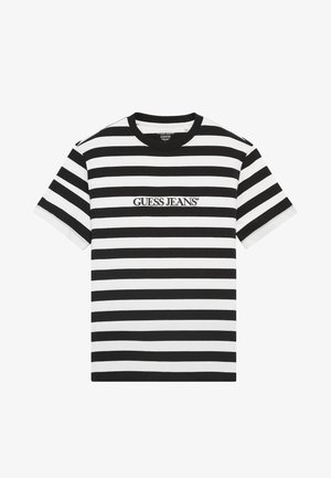 Majica s crno-bijelim prugama izrađena od pamuka, s okruglim izrezom i izvezenim logotipom "GUESS JEANS" sprijeda.