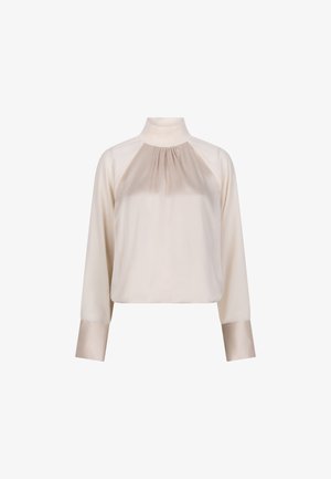 Helle beigefarbene Bluse mit hohem Kragen, gerafftem Vorderteil und langen Ärmeln mit satinartigen Manschetten. Sanfte Textur und lockere Passform.