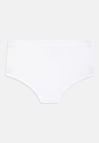 White cotton brief with a smooth texture, elastic waistband, and a mid-rise cut; features a seamless design without visible stitching.