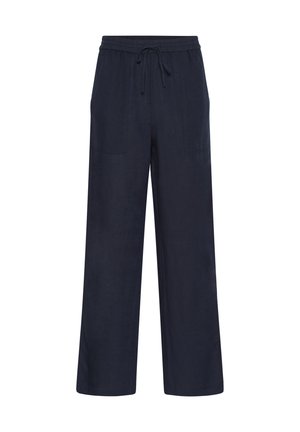 Pantalons larges bleu marine en tissu léger avec une taille élastique et un cordon de serrage, comportant deux poches avant.