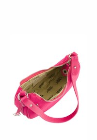 Roze leren handtas met een gladde textuur, een ritssluiting en een interieur met een logo-patroon. Inclusief een afneembare schouderband.