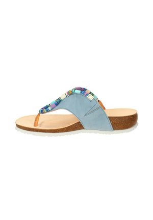 Blue wedge sandal with cork sole and multicolored beaded thong strap, beige footbed, and white rubber outsole.