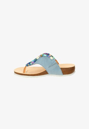 Blue wedge sandal with cork sole and multicolored beaded thong strap, beige footbed, and white rubber outsole.