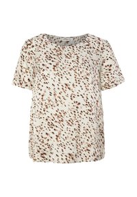 Blouse blanche à manches courtes et col rond avec un motif tacheté irrégulier marron et beige, présentée sur un fond blanc uni.