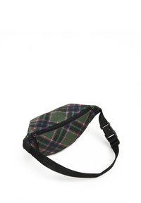 Riñonera de cuadros verdes hecha de tela duradera, que cuenta con un compartimento con cremallera y una correa ajustable negra para un uso seguro.