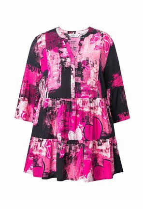 Pink and black casual dress featuring a tiered design, long sleeves, a button placket, and abstract graphic patterns.
