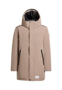 Parka acolchada beige con capucha, forro interior negro, dos bolsillos frontales con cremallera, cierre central de botones a presión y detalle del logo en el dobladillo.