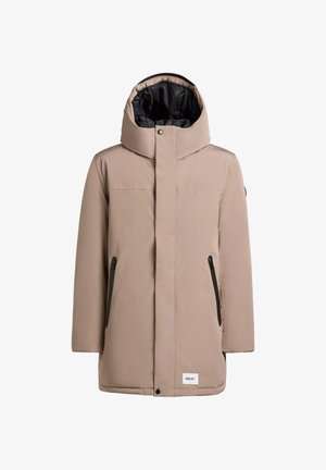 Parka beige isolato con cappuccio, fodera interna nera, due tasche frontali con zip, chiusura centrale a bottoni automatici e dettaglio logo all'orlo.