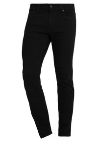 Svarta denimjeans med slim fit, femficksdesign, standardmidja och knäppning. Slät textur, minimala sömdetaljer.