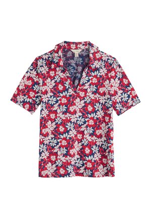 Short-sleeve shirt in a navy background with red, white, and pink floral print. Features a collar and relaxed fit. Made of lightweight fabric.