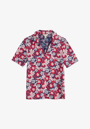 Rövid ujjú ing sötétkék háttérrel, piros, fehér és rózsaszín virágmintával. Galléros és laza fazonú. Könnyű tapintású anyagból készült.