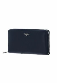 Navy leather wallet with smooth texture, zip closure, and silver-tone hardware. Features embossed logo on the front, rectangular shape.