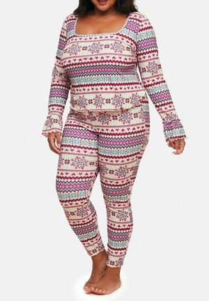 Leichtes, gemustertes Pyjama-Set in Creme mit bunten geometrischen Designs, langen Ärmeln und weit auslaufenden Bündchen. Weicher, dehnbarer Stoff für hohen Komfort.