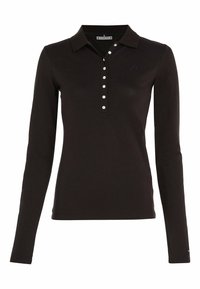 Schwarzes Polohemd mit langen Ärmeln aus weichem Stoff, mit Kragen, Knopfleiste mit sechs weißen Knöpfen und kleinem Logo auf der Brust.