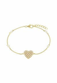 Bracciale in tono oro con un ciondolo a forma di cuore adornato da perle bianche, intervallato da piccole perle lungo una delicata catena.