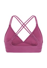Fioletowy biustonosz sportowy z teksturowaną opaską i cienkimi podwójnymi ramiączkami, które krzyżują się na plecach, regulowany dla pewnego dopasowania.