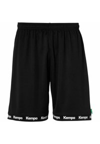 Zwarte sportshorts van lichtgewicht materiaal, met een elastische tailleband en het witte "Kempa" logo op de zoom.