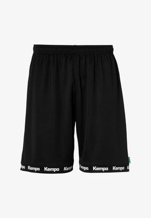 Black athletic shorts made of lightweight material, featuring an elastic waistband and white "Kempa" logo on the hem.