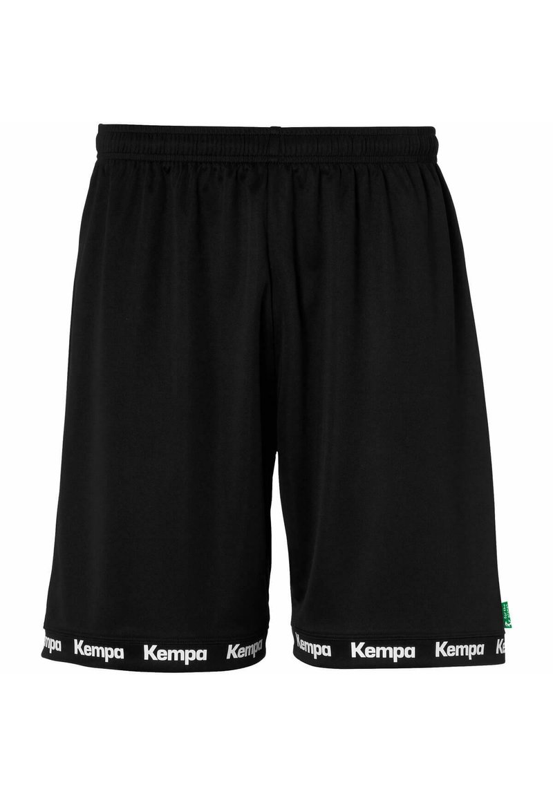 Zwarte sportshorts van lichtgewicht materiaal, met een elastische tailleband en het witte "Kempa" logo op de zoom.