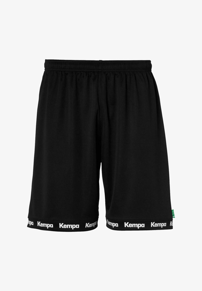 Zwarte sportshorts van lichtgewicht materiaal, met een elastische tailleband en het witte "Kempa" logo op de zoom.