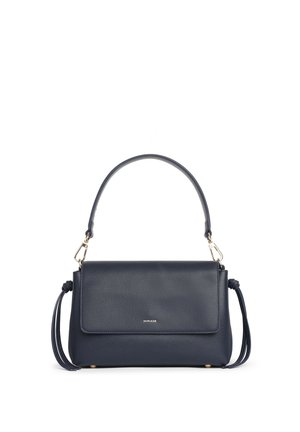 Borsa a mano in pelle blu scuro con manico superiore, chiusura a patta, nappine laterali e piccolo logo dorato "MIRIADE" sul davanti.