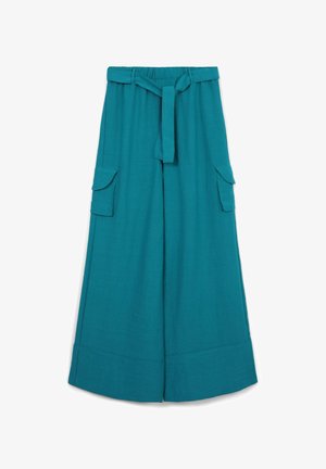 Pantalons ample teal en tissu texturé, dotés d'une taille ceinturée, de deux poches latérales et d'une coupe décontractée. Ourlet plat sans embellissements.