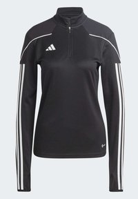 Jersey nero a maniche lunghe con zip a un quarto, dotato di pannelli sulle spalle neri a trama, tre strisce bianche lungo le maniche e un design aderente.
