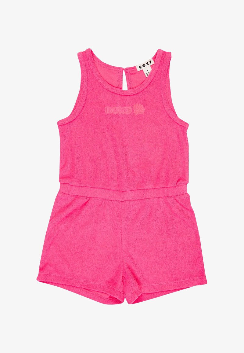 Combinaison courte en éponge sans manches de couleur rose vif, avec taille élastique et logo "ROXY" discret sur la poitrine.