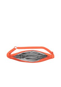 Borsa a tracolla arancione con tracolla regolabile, aperta per mostrare due scomparti interni, uno con tasca con zip e fodera grigio chiaro.