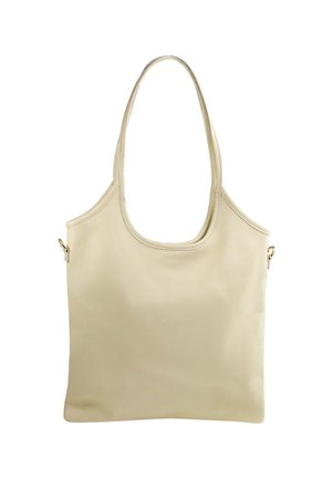 Sac fourre-tout en cuir beige avec une texture douce, ouverture en forme ovale et deux poignées. Présente un accent matériel latéral unique.